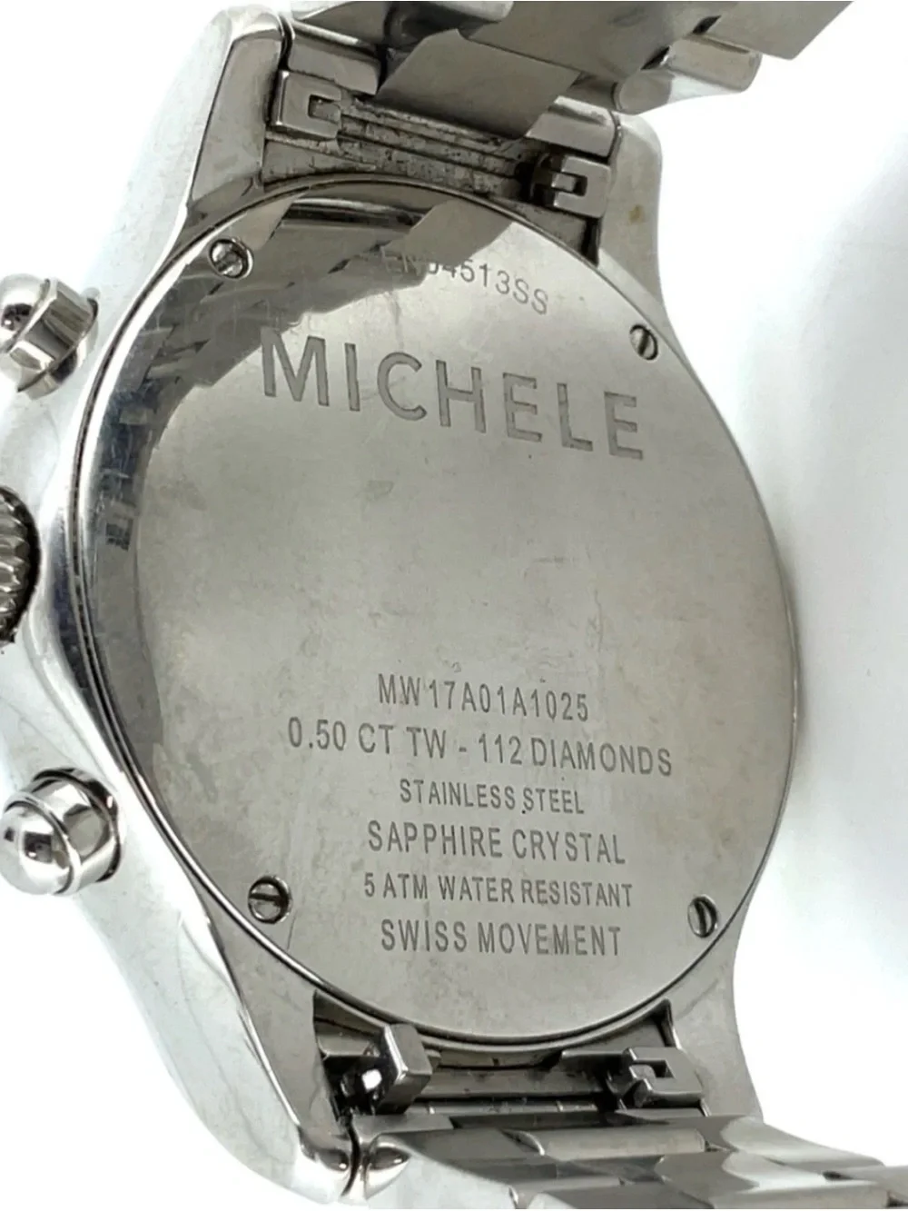 Michele Silver Stainless Steel Engraved Case Back Watch working new battery .